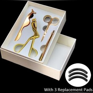 4Pcs Beauty Kit - Color: Gold - Tweezers, Scissors, Lash Curler, Lash Tweezers